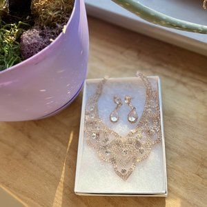 David's Bridal Matching Rose Gold necklace and earrings NWOT